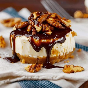 May include: A single serving cheesecake with a graham cracker crust, topped with a dark chocolate sauce and pecans. The chocolate sauce is drizzling down the sides of the cheesecake. The dessert is on a white cloth.