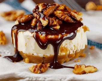 Mini Turtle Cheesecakes Recipe | Caramel Chocolate Pecan Dessert | Printable Digital PDF Download
