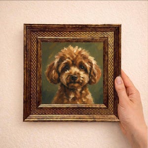 May include: A square oil painting of a brown curly-haired dog, likely a poodle, set within an ornate, dark metallic gold frame with a textured cross-hatch pattern. The dog is depicted against a muted olive green background with visible brushstrokes.