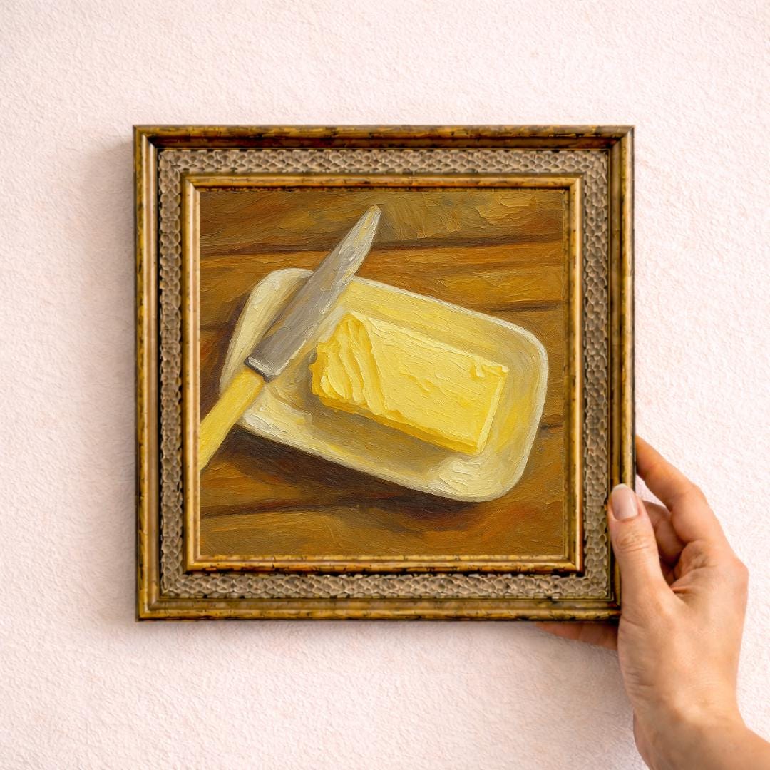 Butter Still Life Oil Painting in Frame, Vintage Kitchen Wall Art, Cozy ...