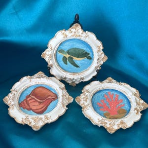 May include: Three circular wall plaques with ornate, cream-colored frames featuring gold accents. Each plaque displays a hand-painted scene on a blue background: one shows a green sea turtle, one a brown seashell, and one a bright pink coral reef.