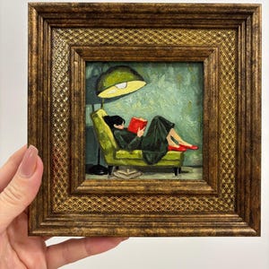 Vintage Reading Girl Oil Painting, Book Lover Wall Art, Cozy Library Decor, Cottagecore Aesthetic, Original Oil Painting Gift