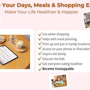 Peut inclure: Image avec le texte "Make Your Days, Meals & Shopping Easier" et "Make Your Life Healthier & Happier". Une tablette avec un plan de repas, du caf&eacute; et de petites photos de personnes sont &eacute;galement visibles.