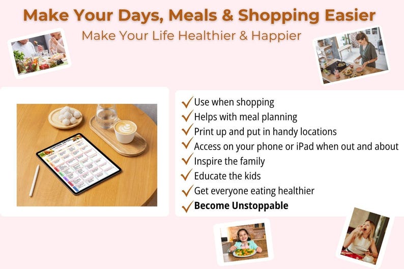 Peut inclure: Image avec le texte "Make Your Days, Meals & Shopping Easier" et "Make Your Life Healthier & Happier". Une tablette avec un plan de repas, du caf&eacute; et de petites photos de personnes sont &eacute;galement visibles.