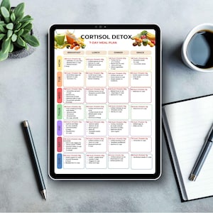 Plan de repas de détox cortisol sur 7 jours à imprimer, soulagement de la fatigue surrénale, équilibre hormonal et recettes saines, régime anti-stress PDF image 5