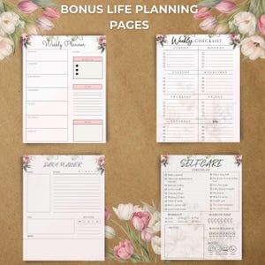 Peut inclure: Ensemble de planification de vie de quatre pages avec des accents floraux. Comprend un planificateur hebdomadaire, une liste de contr&ocirc;le hebdomadaire, un planificateur quotidien et une liste de contr&ocirc;le des soins personnels. Pages blanches avec motifs roses et floraux.