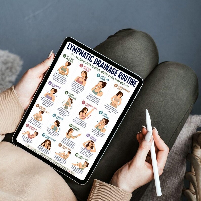 May include: A tablet displaying a lymphatic drainage routine with 16 simple steps to detox, depuff, and feel your best. The tablet is held by a person wearing a tan sweater. A white stylus is held in the other hand.