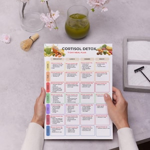 Peut inclure: Une personne tient un plan de repas de 7 jours intitul&eacute; "Cortisol Detox". Le plan est divis&eacute; en sections petit-d&eacute;jeuner, d&eacute;jeuner, d&icirc;ner et collation. Le plan comprend une vari&eacute;t&eacute; d'aliments, tels que des smoothies, des salades et des l&eacute;gumes. Un verre de jus vert est &eacute;galement visible.