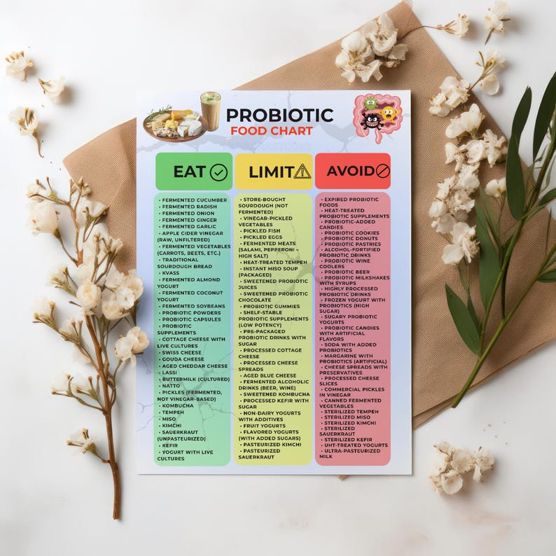 Peut inclure: Un tableau des aliments probiotiques avec trois colonnes : Manger, Limiter et &Eacute;viter. Le tableau r&eacute;pertorie les aliments et les boissons, tels que les l&eacute;gumes ferment&eacute;s, le yaourt et le kombucha, avec une illustration color&eacute;e du syst&egrave;me digestif.