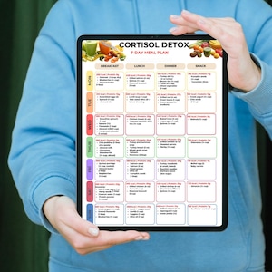 Peut inclure: Une tablette affiche un plan de repas de 7 jours intitul&eacute; "Cortisol Detox". Le plan comprend des options de petit-d&eacute;jeuner, d&eacute;jeuner, d&icirc;ner et collation avec des informations sur les calories et les prot&eacute;ines. La tablette est tenue par une personne portant un sweat-shirt bleu.