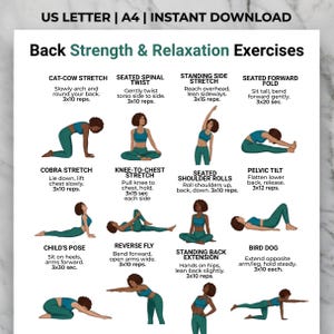 May include: A printable digital download titled "Back Strength & Relaxation Exercises" in US Letter and A4 sizes. The image displays illustrated yoga poses with instructions, including Cat-Cow, Cobra, and Child's Pose. The text is in a teal and black color scheme.