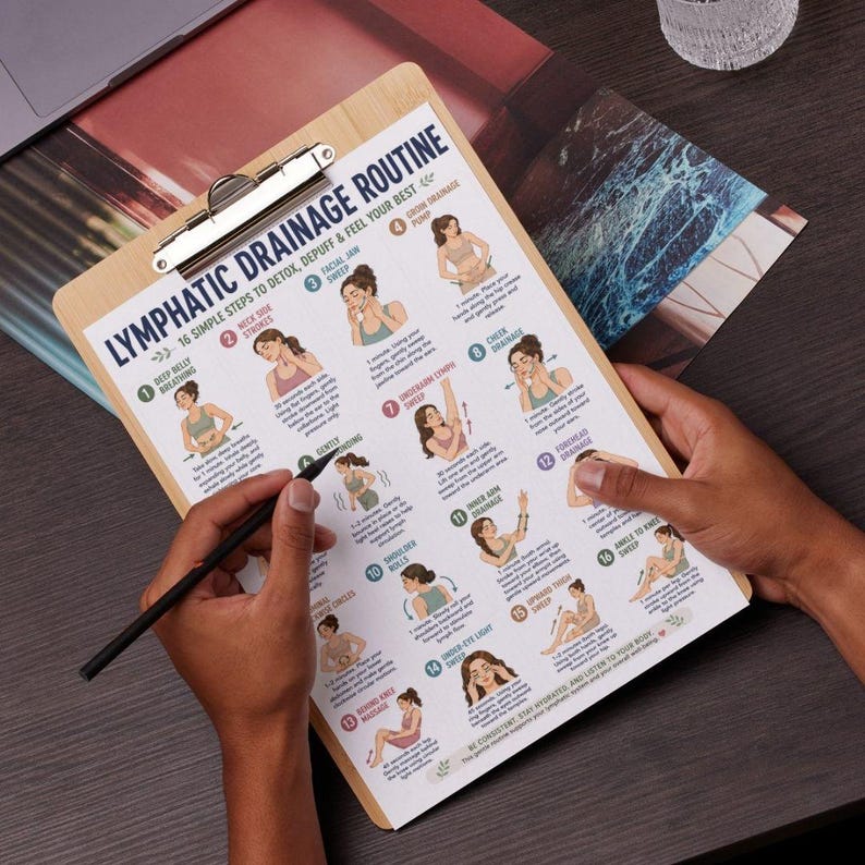 May include: A wooden clipboard with a printed guide titled "Lymphatic Drainage Routine" is held by a person. The guide features illustrations and instructions for 16 steps to detox, depuff, and feel better. A black pen is held over the guide.