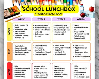 Kids School Lunchbox Meal Plan, Easy School Lunch Organizer, School Lunch Ideas for Kids, Weekly Meal Plan, Bento Box Ideas