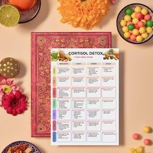 Peut inclure: Un plan de repas de 7 jours intitul&eacute; "Cortisol Detox", avec des sections pour le petit-d&eacute;jeuner, le d&eacute;jeuner, le d&icirc;ner et les collations. Le plan est sur fond blanc, avec un journal rose et or et divers aliments.