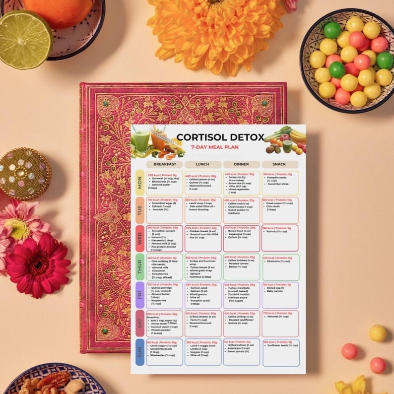 Peut inclure: Un plan de repas de 7 jours intitul&eacute; "Cortisol Detox", avec des sections pour le petit-d&eacute;jeuner, le d&eacute;jeuner, le d&icirc;ner et les collations. Le plan est sur fond blanc, avec un journal rose et or et divers aliments.