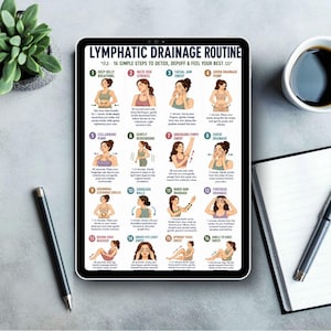 May include: A tablet displays a guide for a lymphatic drainage routine. The guide features 16 steps with illustrations and instructions for detox, depuffing, and feeling better. A pen, a cup of coffee, and a notebook are also visible.
