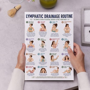 May include: A white printed sheet titled "Lymphatic Drainage Routine" with 16 steps for detoxing. The sheet is held by hands and includes illustrations and text describing each step. The text includes "Deep Belly Breathing" and "Facial Jaw Sweep".