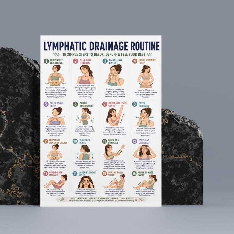 May include: A poster titled "Lymphatic Drainage Routine" with 16 simple steps to detox. The poster features illustrations demonstrating each step, including deep belly breathing, neck strokes, facial jaw sweep, and groin drainage pump.