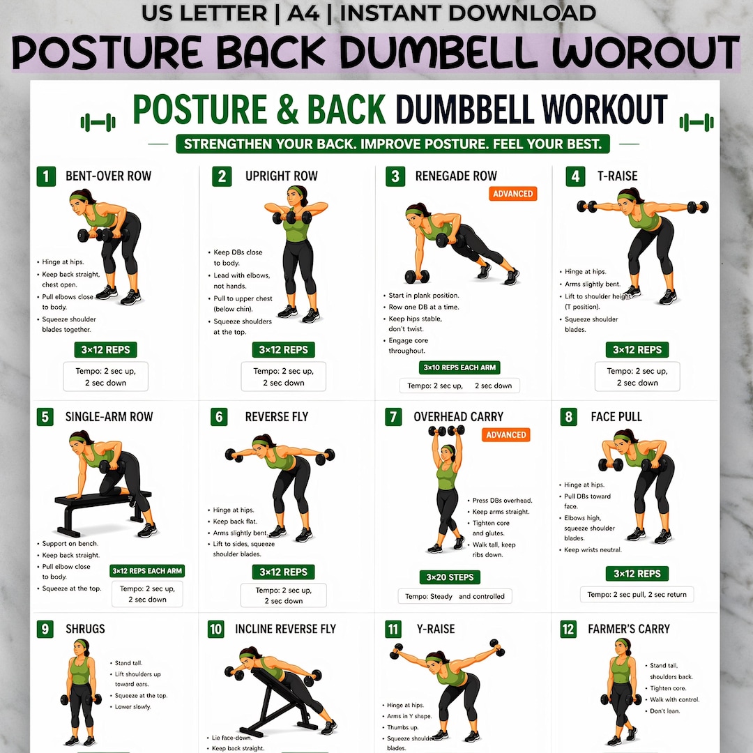 Dumbbell Back & Posture Poster | Beginner Upper Back Exercise Chart ...