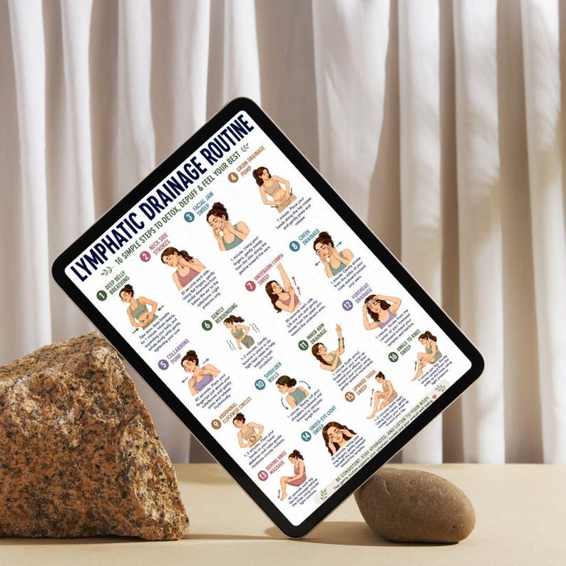 May include: A tablet displaying a guide titled "Lymphatic Drainage Routine" with 16 steps for detox and depuffing. The tablet is propped up by a rock, with a neutral background.
