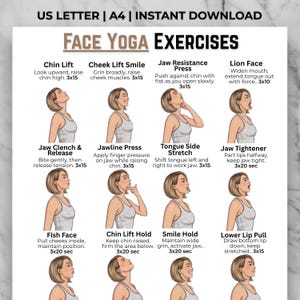 Puede incluir: Una guía imprimible titulada "FACE YOGA EXERCISES" con ilustraciones que demuestran ejercicios faciales. La guía incluye instrucciones para ejercicios como Chin Lift, Cheek Lift Smile y Jaw Resistance Press. El texto es negro sobre fondo blanco.