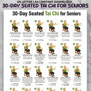 May include: A 30-Day Seated Tai Chi for Seniors guide. The instructional chart features illustrated exercises with numbered steps, including arm movements, hand positions, and posture instructions. The guide is designed for seniors.