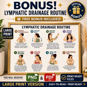 May include: A framed poster with the title "Lymphatic Drainage Routine" and instructions for various exercises. The poster includes illustrations and text describing each step, with the words "Bonus!" and "Free Bonus Included!" at the top.