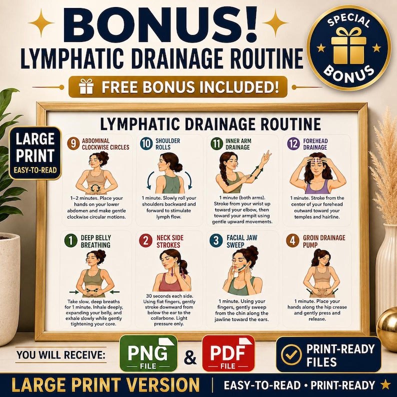 May include: A framed poster with the title "Lymphatic Drainage Routine" and instructions for various exercises. The poster includes illustrations and text describing each step, with the words "Bonus!" and "Free Bonus Included!" at the top.