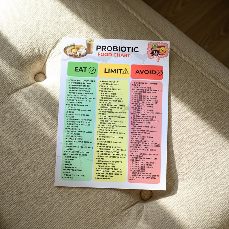 Peut inclure: Un tableau des aliments probiotiques divis&eacute; en trois colonnes : Manger, Limiter et &Eacute;viter. Le tableau r&eacute;pertorie divers aliments et suppl&eacute;ments, class&eacute;s selon leur impact sur la sant&eacute; intestinale. Le tableau est sur fond blanc.