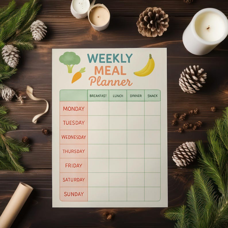 Peut inclure: Un planificateur de repas hebdomadaire avec les mots "WEEKLY MEAL PLANNER" en bleu sarcelle et orange. Le planificateur a une grille pour chaque jour de la semaine, avec des sections pour le petit-d&eacute;jeuner, le d&eacute;jeuner, le d&icirc;ner et les collations. L'image comprend une banane, un brocoli et une illustration de carotte.