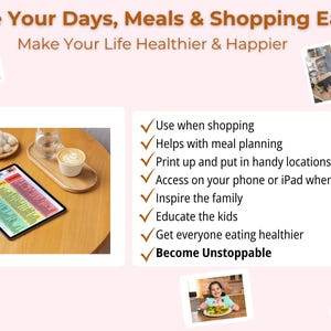Peut inclure: Image promotionnant une alimentation saine. Le texte dit &laquo;&nbsp;Facilitez vos journ&eacute;es, vos repas et vos achats&nbsp;&raquo; et &laquo;&nbsp;Rendez votre vie plus saine et plus heureuse&nbsp;&raquo;. Il comprend une tablette avec une liste d'aliments color&eacute;s, une tasse de caf&eacute; et des photos de personnes cuisinant et mangeant.
