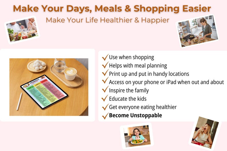 Peut inclure: Image promotionnant une alimentation saine. Le texte dit &laquo;&nbsp;Facilitez vos journ&eacute;es, vos repas et vos achats&nbsp;&raquo; et &laquo;&nbsp;Rendez votre vie plus saine et plus heureuse&nbsp;&raquo;. Il comprend une tablette avec une liste d'aliments color&eacute;s, une tasse de caf&eacute; et des photos de personnes cuisinant et mangeant.