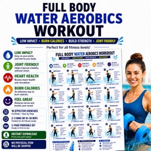 Utskrivbar vattenaerobicsträning för hela kroppen, poolövningsrutin, vattenfitnessövningar, lågintensiv vattenträning, poolrutin hemma