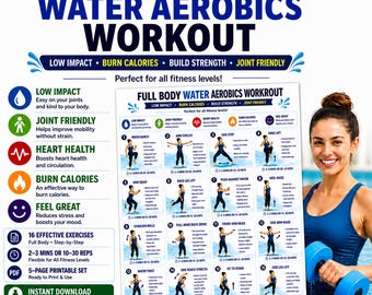 16 Water Aerobics Exercises Cards PDF, Stretches, Water Aqua Aquatic Fitness, Water Workout, Core for Seniors, Deep Shallow Exercises