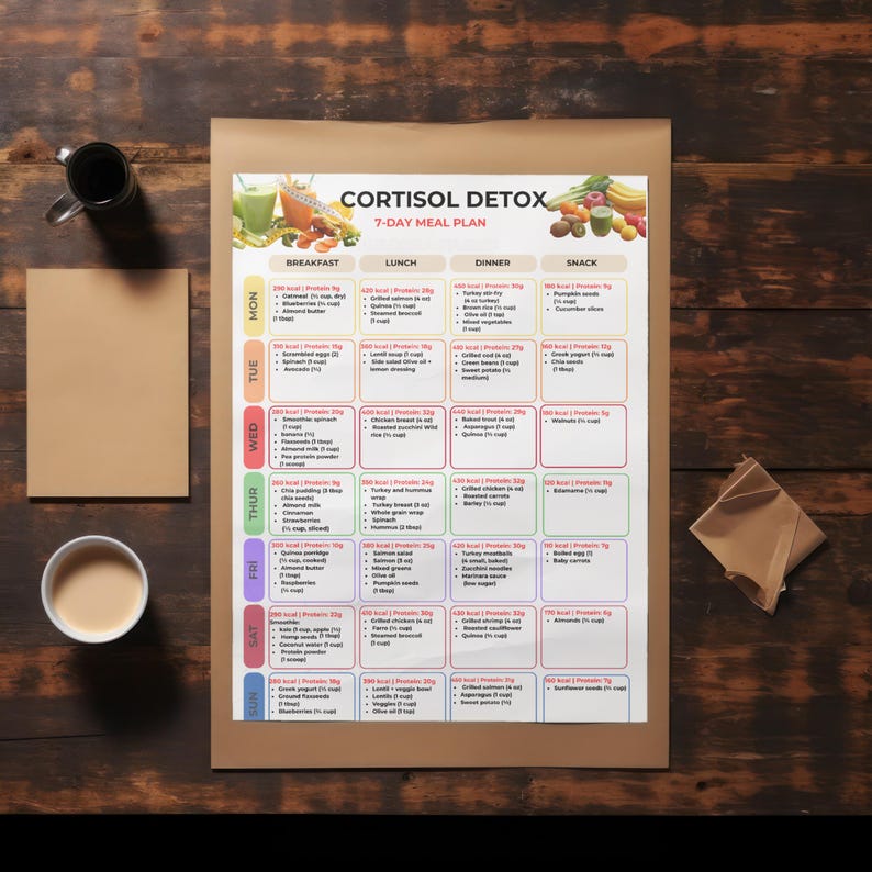 Peut inclure: Un plan de repas de 7 jours intitul&eacute; "Cortisol Detox" avec une mise en page color&eacute;e. Le plan est divis&eacute; en sections petit-d&eacute;jeuner, d&eacute;jeuner, d&icirc;ner et collation, avec les repas de chaque jour r&eacute;pertori&eacute;s. Le plan comprend une vari&eacute;t&eacute; d'options alimentaires saines.