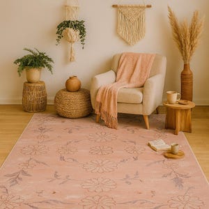 Soft Pink Turkish Rug – Digital Print Oriental Carpet, Non Slip Area Rug, Boho Vintage Floor Mat for Living Room & Bedroom