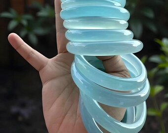Natural Light Blue Agate Gemstone Unisex Bangle|Healing Blue Agate Jade Handmade Ice Bangle Bracelet|Blue Agate Jade Jewelry|Gift For Mother