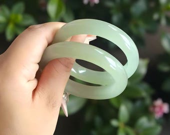 Natural Light Green Jade Handmade Unisex Bangle|Smooth Jade Gemstone Healing Bangle Bracelet|Real Jadeite Green Jade Jewelry|Gift For Her