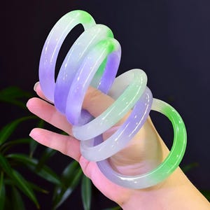 Real Three Color Jade Gemstone Handmade Bangle|Healing Jade Green Jadeite Bangle Bracelet|Natural Purple & White Jade Jewelry|Gift For Women
