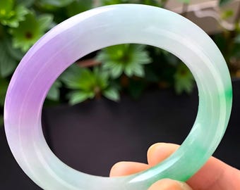 Original Three Color Jade Gemstone Handmade Bangle|Natural Ice Jade Green Jadeite Bangle Bracelet|Purple & White Jade Jewelry|Gift For Women
