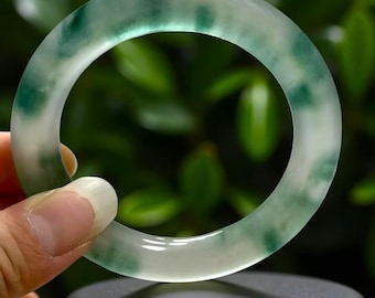Natural Dim White Ice Handmade Jade Unisex Bangle|Green Floating Flower Jade Gemstone Bangle Bracelet|Jadeite Ice Jade Jewelry|Gift For Her