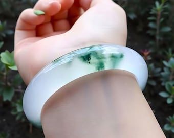Natural White Ice Jade Unisex Handmade Bangle|Healing Green Floating Flower Jade Bangle Ice Bracelet|Real Jade Gemstone Jewelry|Gift For Her
