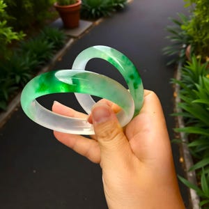 Natural Ice White and Green Jade Bangle|Green Healing Bangle Bracelet|Clear Float Jade Bangle|Handmade Quartz Jade Gemstone Jewelry|Gift Her