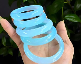 Natural Light Blue Agate Gemstone Unisex Bangle|Smooth Jade Handmade Heal Ice Bangle Bracelet|Real Agate Blue Jade Jewelry|Gift For Her
