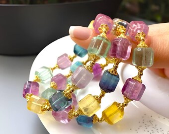 Natural Colourful Fluorite Bead Bracelet|Mix Fluorite Gemstone Bracelet|Healing Purple Crystal Bracelet|Fluorite Handmade Jewelry|Women Gift