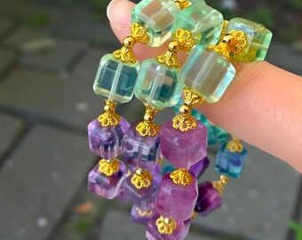Natural Purple Fluorite Bead Bracelet|Green Fluorite Gemstone Bracelet|Healing Square Crystal Bracelet|Fluorite Handmade Jewelry|Women Gifts