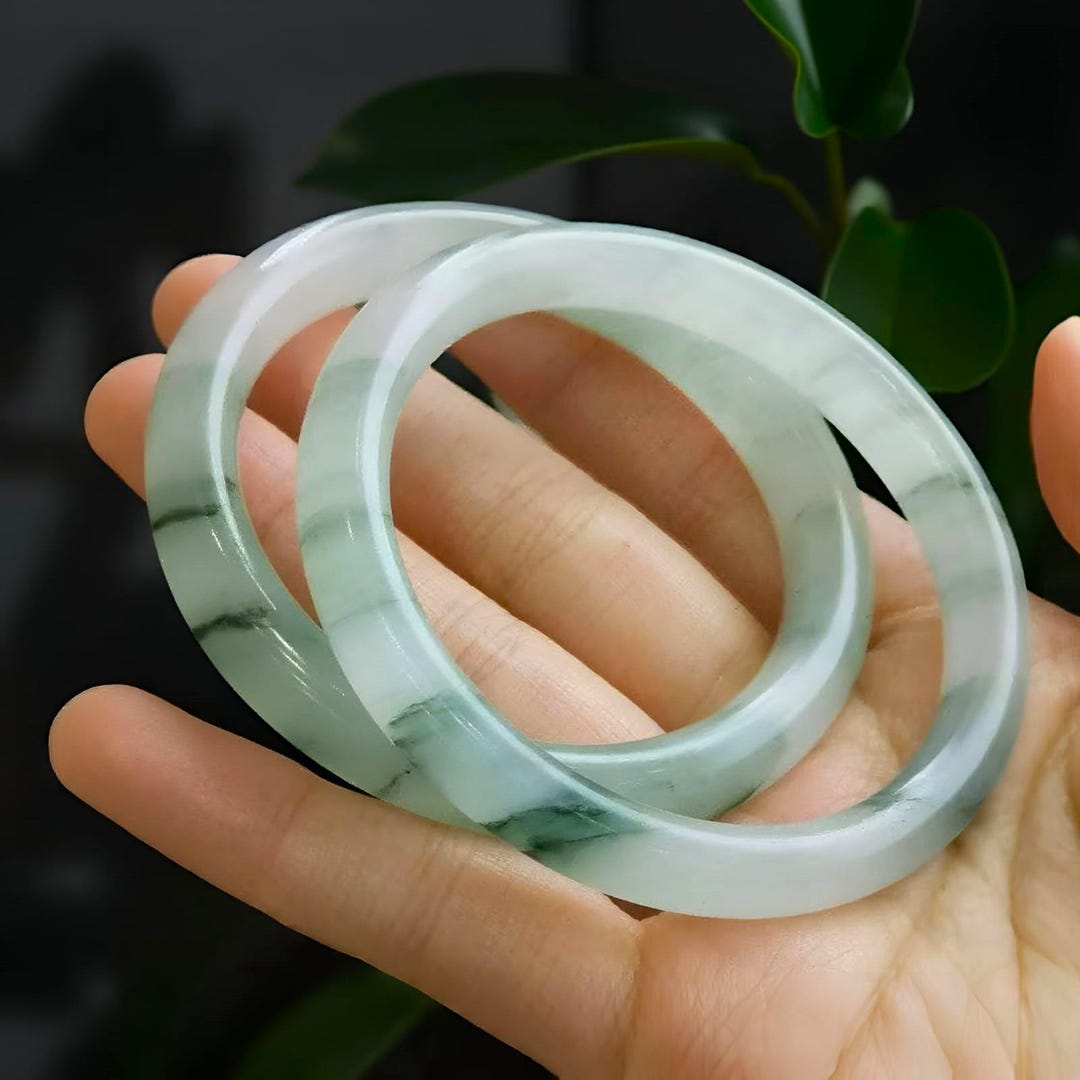 天然ホワイト＆グリーン ユニセックス 翡翠バングル｜グリーンストーン