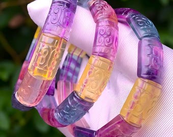 Natural!!! Fluorite Beads Bracelet|Carved Colorful Fluorite Gemstone Bracelet|Square Fluorite Crystal Bracelet|Handmade Jewelry|Gift for Her