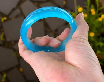 Real Sky Blue Jade Gemstone Unisex Healing Bangle|Wide Jade Blue Handmade Ice Bangle Bracelet|Natural Blue Jade Jadeite Jewelry|Gift For Her