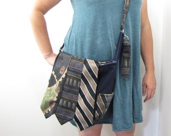 Necktie Messenger Crossbody Purse Black and Blue Tied